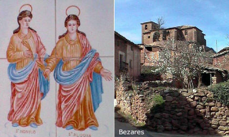 santitas de Bezares, Nonilo y Alodya. Al fondo iglesia de San Martn, actualmente en ruina.