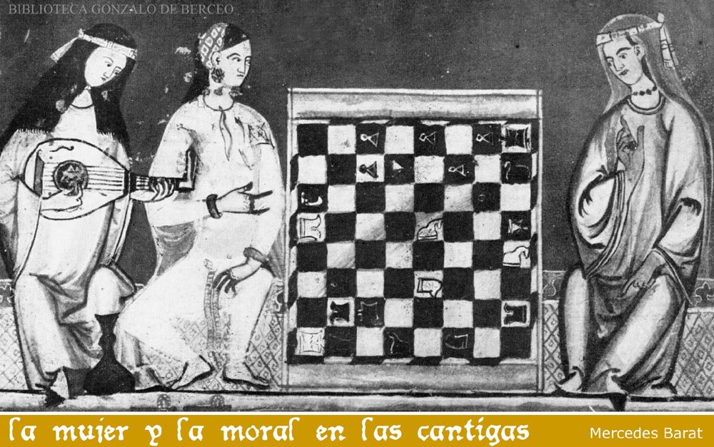 Cantigas de Alfonso X. Mujeres jugando al ajedrez mientras otra tae un instrumento de cuerda.