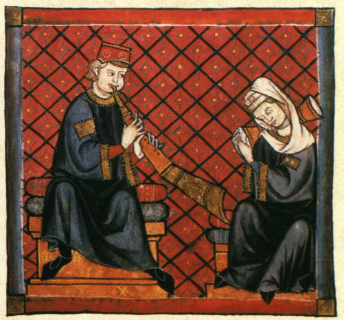 Cantigas de Alfonso X. Msico y mujer acompaando con tambor moruno.(Cant. CCC, cdice B I. 2)