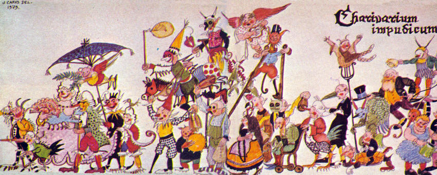 El charivari según dibujo de Julio Caro Baroja realizado especialmente para la edición de este artículo en la revista HISTORIA16, nro. 47 (Diciembre de 1979)