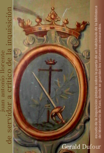 Escudo de la Inquisición pintado sobre la puerta de un habitáculo de la Biblioteca del Monasterio de Yuso, en San Millán de la Cogolla en La Rioja (España), donde se guardan los volúmemes censurados (tachados).