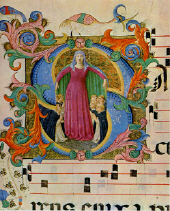 Zanobi Strozzi, 'Madonna di Misericordia'; Graduale, Cor. A, c. 176 v. Firenze, Museo di S. Marco  (clic aqui para ampliar detalles)