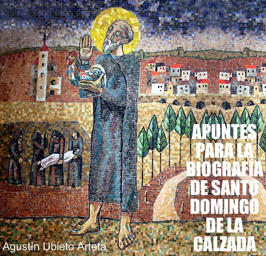 Mosaico de los hermanos Atienza realizado en 1961 en la iglesia del Monasterio de Valvanera en La Rioja. Santo Domingo de la Calzada, con el gallo en sus manos. Unos monjes llevan a enterrar al peregrino injustamente ahorcado, pero cuya vida protegi el Santo.