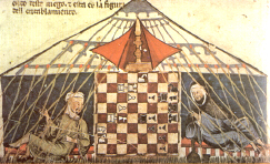 Dos rabes jugando al ajedrez en su tienda.