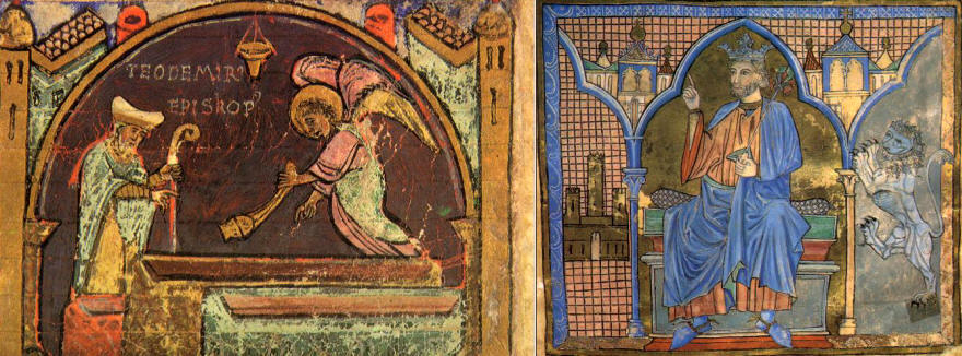 A la izquierda el obispo Teodomiro descubre la sepultura de Santiago; a la derecha Fernando III el Santo; ambas imágenes proviene del TUMBO A, de la Catedral de Santiago, siglos XII-XII