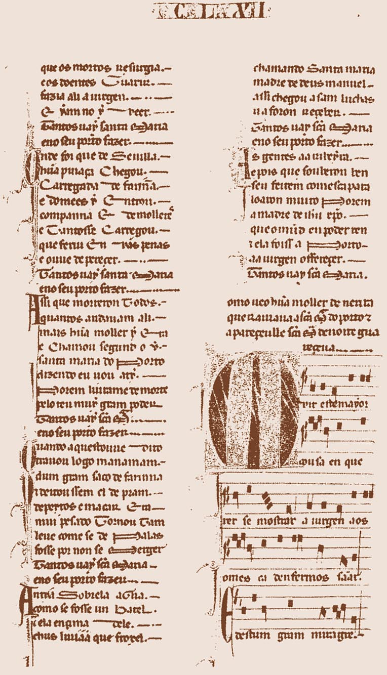 Página de las Cantigas de Alfonso X con texto y notación musical. (cantiga CCCLXXII)