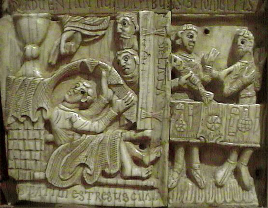 Detalle de la arqueta de marfl de San Milln  donde se representa la resurreccin de una nia, hecho que nos narra el milagro 31.