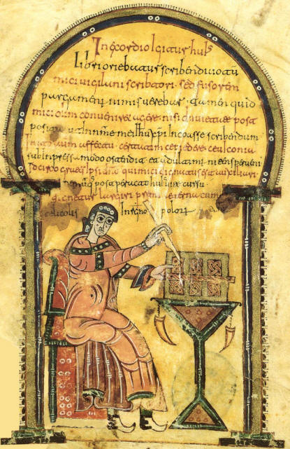 Vigila en su scriptorium. Folio XXII v. Códice Albeldense o Vigilano. (ligeramente reconstruida en su parte inferior izquieda).