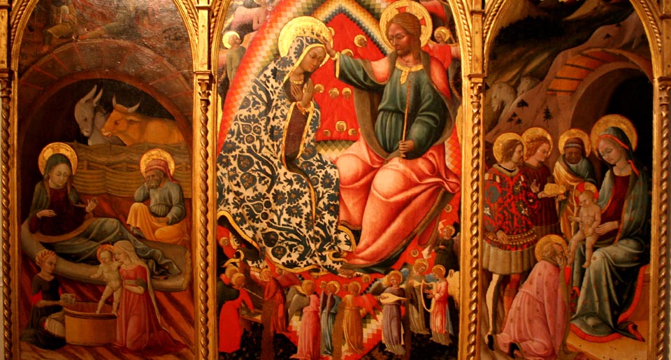 En el centro de la tabla, la coronación de María. Desconocemos el autor. La pintura se expone en los Museos Vaticanos.