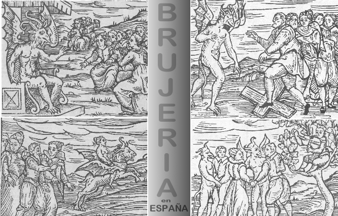 Grabados del siglo XVII.   Arriba de izda. a dcha.: 1. La confesin diablica;durante un aquelarre brujos y brujas confiesan al diablo sus fechoras. - 2. Brujos renegando de la fe cristiana y pisoteando la cruz. Abajo: 3. Partida para el aquelarre; la bruja montada en un macho cabro. -  4. Brujos y brujas danzan en un aquelarre.