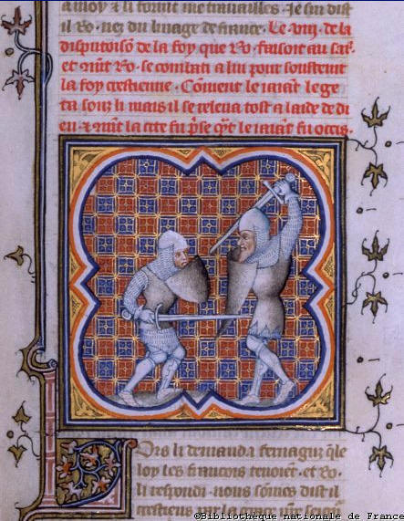 Combate entre Roldán y Ferragut.(FR 2813) Fol. 118, Grandes Chroniques de France, Paris, s.XIV.
