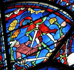 Vidriera de la catedral de Chartres; en ella Roldán hiere de muerte en el ombligo a Ferragut.