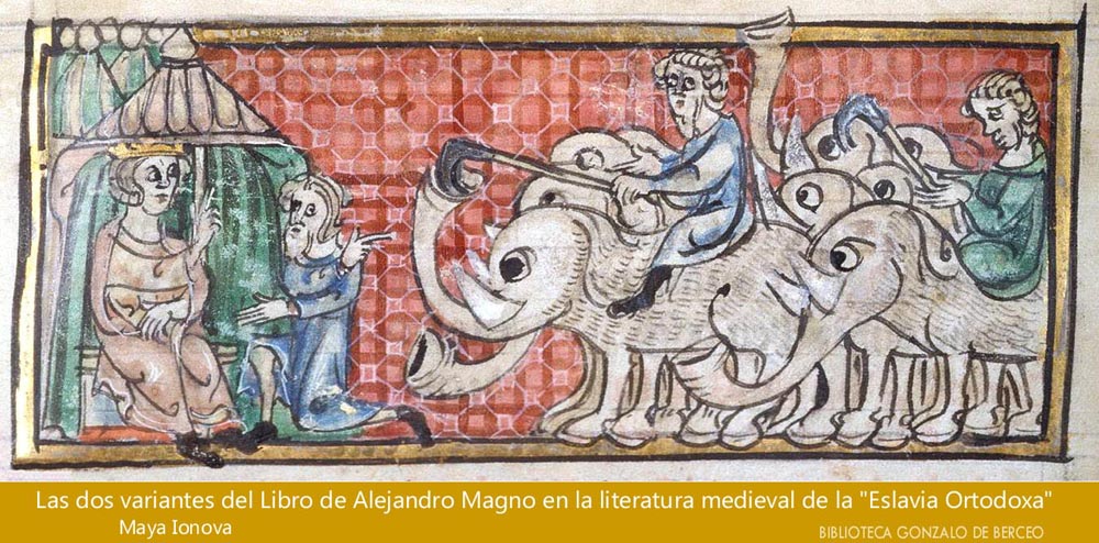 Alejandro y elefantes. Miniatura, Roman d'Alexandre, primer cuarto del siglo XIV
