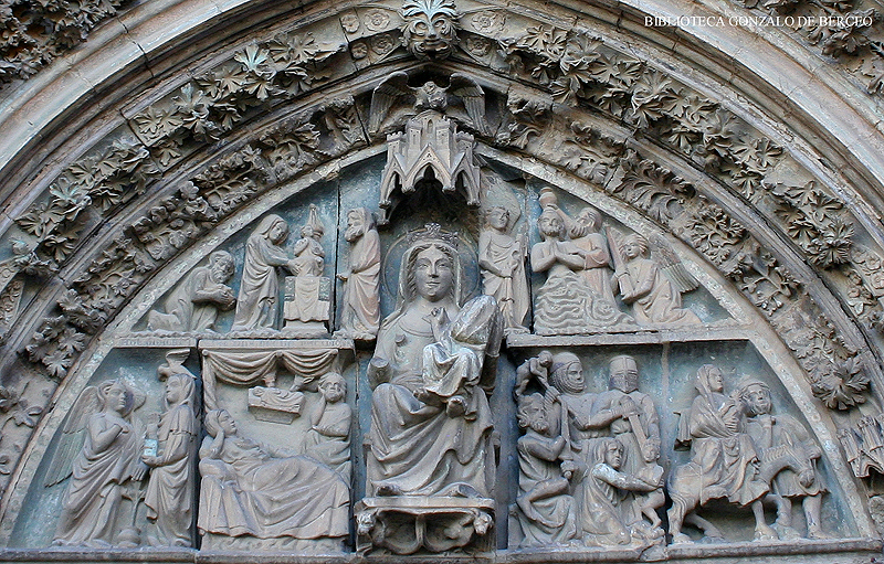 Tímpano de la portada occidental (siglo XIV) de Santa María la Real de Olite (Navarra)