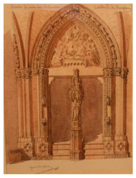 Puerta de entrada al claustro de la catedral de Pamplona.Jaume Serra y Gibert (1834-1877) Lpiz y aguada sobre papel.