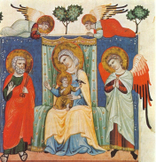 Matricola dei Merciai del 1328. N. 85. Scuola Bolognese. Madonna in trono, Museo Civico - (clic aqui para ampliar detalles)