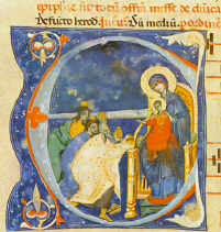 Antifonario. Cor. 16. Scula bolognese. Adorazione dei Magi. Bologna, Museo Civico - (clic aqui para empliar detalles)