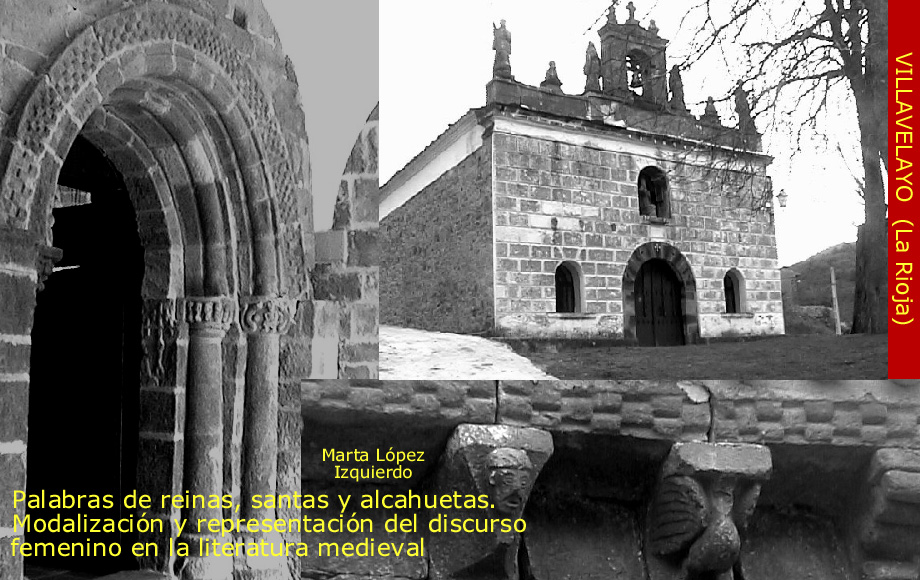 Izquierda y abajo respectivamente,portada y canecillos románicos de la iglesia de Villavelayo; el edificio corresponde a la Ermita de Santa Oria del s. XVII en la misma villa.