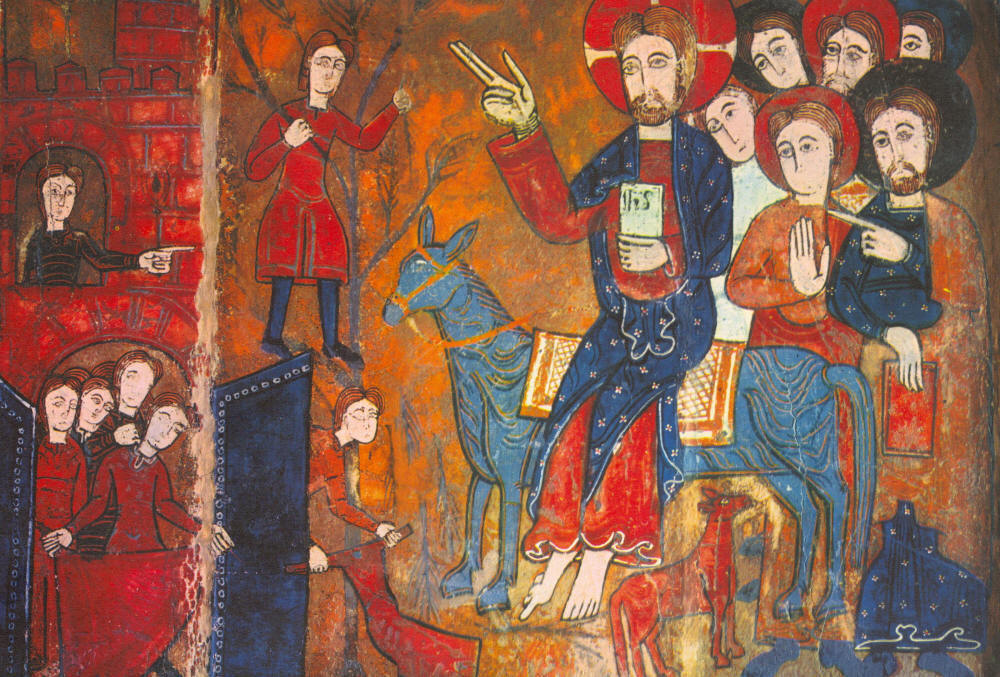 Llegada de Jess a Jerusaln. Fresco cataln del siglo XII en el museo de Vich (foto Yan-Zodique).