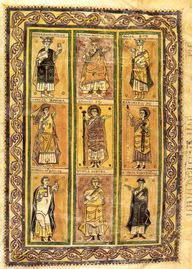 folio 428 del Cdice Albeldense o Vigilano; estn representados Sancho Garcs II, su mujer Urraca, y Ramiro en la cartela central.(Seguir enlace para saber ms del cdice Vigilano)