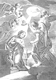Anunciación de la Virgen,grabado de Missale Romanum impreso en Madrid en 1851