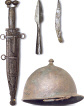 Espada con antenas,punta de lanza y cuchillo, armas caractersticas de los pueblos celtibricos halladas en Ucero, en Soria.Casco de tipo Montefortino obtenido en Piquete de la Atalaya en Azuaga, Zaragoza.