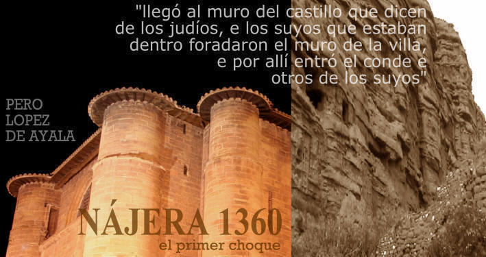 A la izda. los muros almenados de la iglesia del Monasterio de Santa Mara la Real; a la dcha. el faralln rocoso y vestigios del muro norte que protega a Njera.