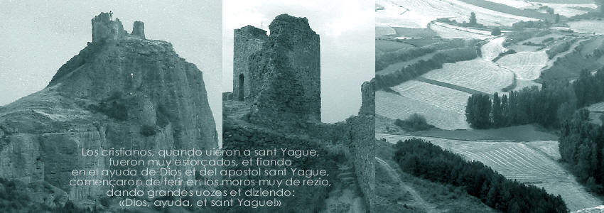 Pea sobre la que se asienta el castillo de Clavijo; en el centro torre del homenaje; y a la izquierda tierras de labranza de Clavijo bajo el castillo