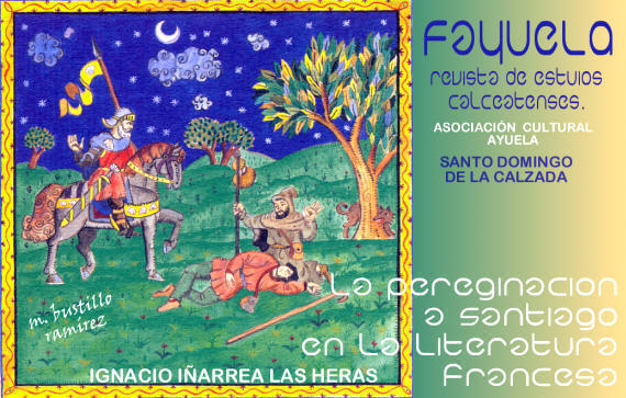 Esta ilustración de M. Bustillo Ramírez sirve de portada al número 1 de la revista FAYUELA. A la derecha la silueta de la torre exenta de la catedral calceatense